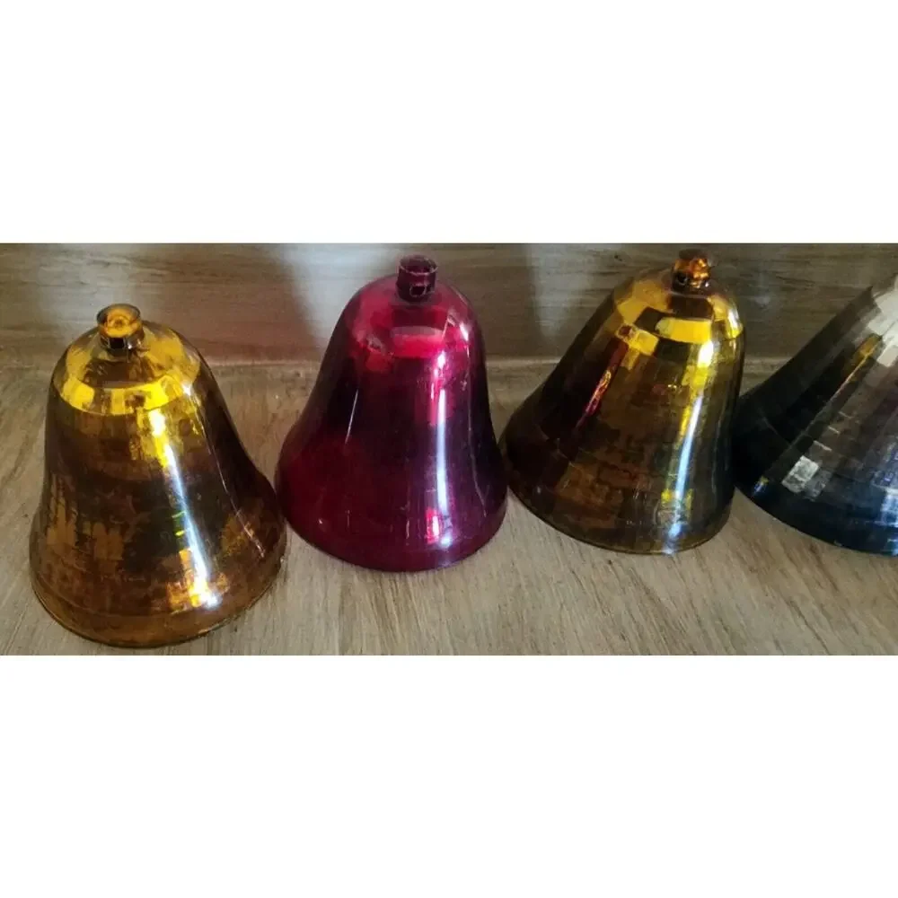 Christmas PLASTIC BELL Ornaments Silver Gold & Red Prism Pattern Lot Of 4